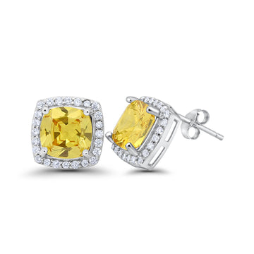 Halo Cushion Bridal Earrings Simulated Yellow CZ 925 Sterling Silver